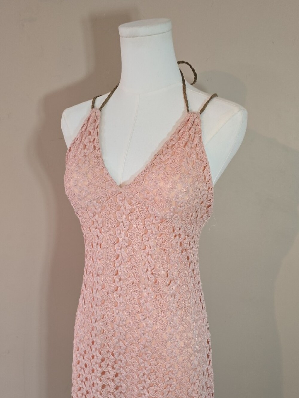 Bohemian Peach Crochet Backless Halter Dress